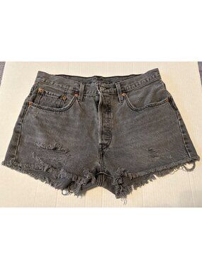 LEVI'S 501 Distressed Raw Hem Button Fly Black Jean Denim Shorts Sz 31